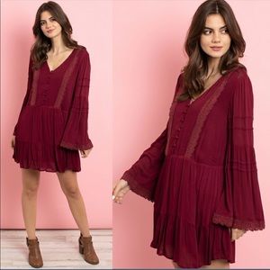Burgundy Bell Sleeve Boho Dress